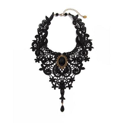 Vintage Gothic Lace Choker – Black Beads & Gem Pendant