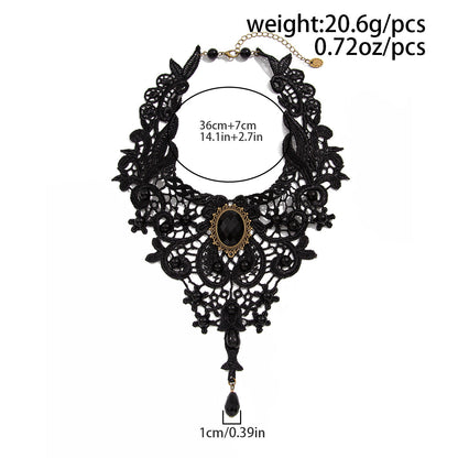 Vintage Gothic Lace Choker – Black Beads & Gem Pendant